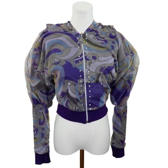Apple Bottoms Sweaters - Y2K Apple Bottoms Psychedelic Sheer Cropped Zip-Up Hoodie with Rhinestones US M